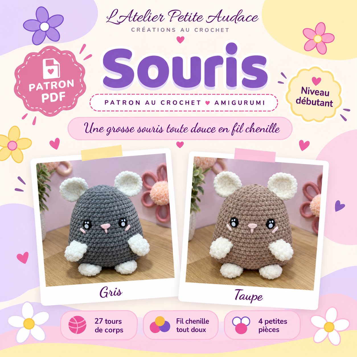 Patron crochet souris amigurumi en fil chenille